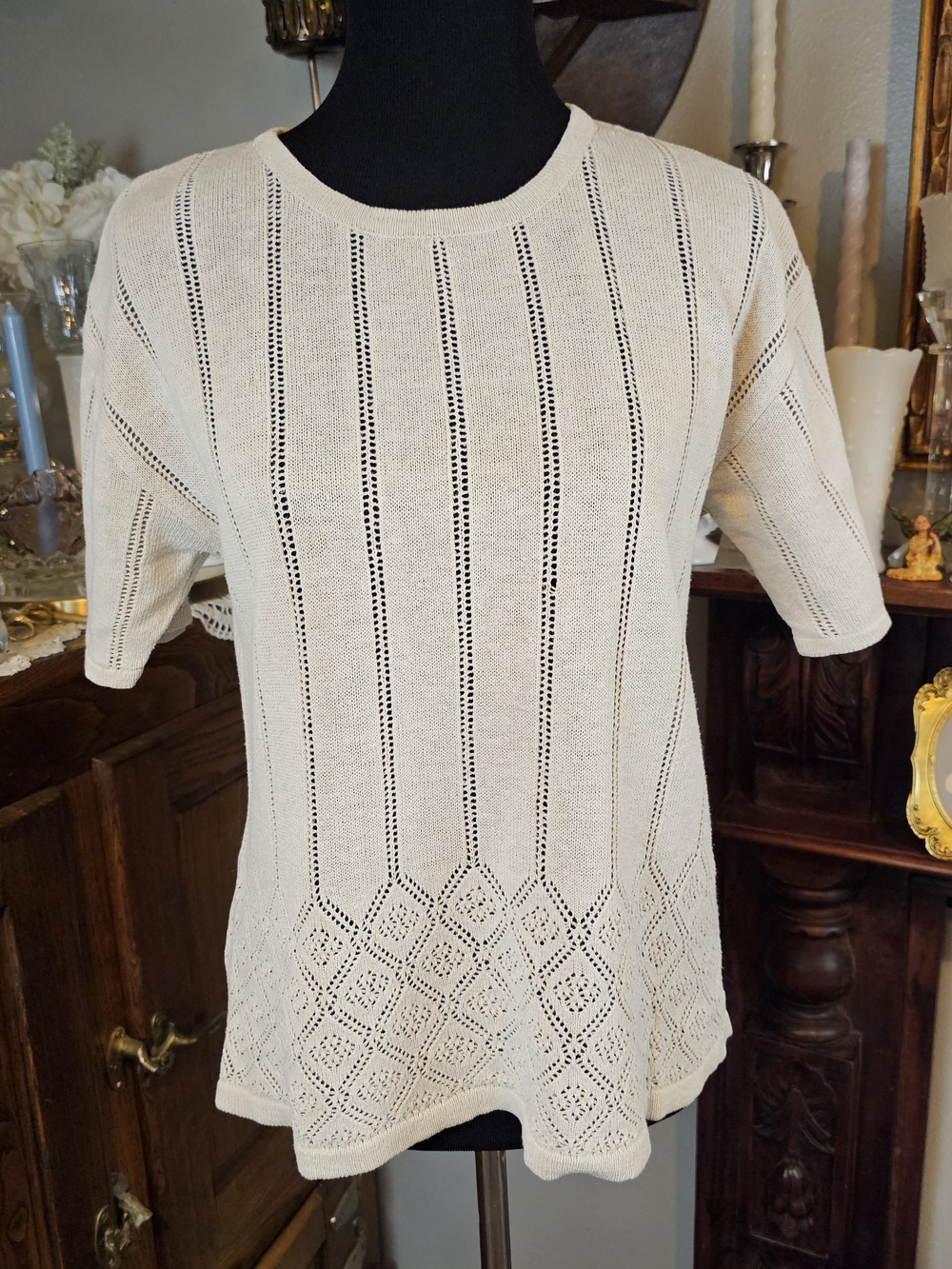 Lisa International Linen Cotton Knit Sweater Beige Open Knit Short Sleeve L